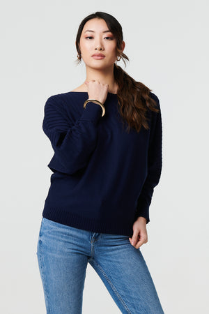 Navy | Stripe Texture Boat Neck Boxy Fit Jumper
