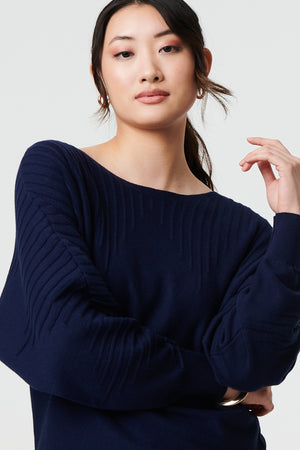 Navy | Stripe Texture Boat Neck Boxy Fit Jumper
