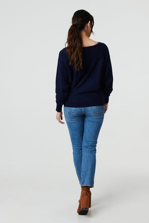 Navy | Stripe Texture Boat Neck Boxy Fit Jumper
