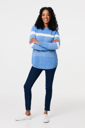 Blue | Stripe Print Relaxed Curve Hem Jumper
