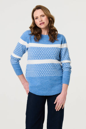 Blue | Stripe Print Relaxed Curve Hem Jumper : Model is 5'9
