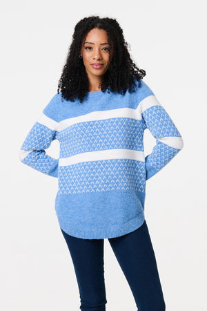 Blue | Stripe Print Relaxed Curve Hem Jumper : Model is 5'8