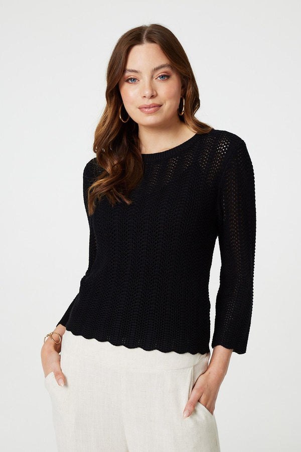 Black | 3/4 Sleeve Crochet Knit Jumper : Model is 5'9"/175 cm and wears UK8/EU36/US4/AUS8