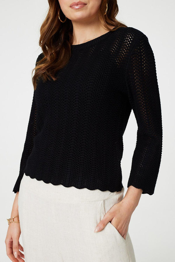 Black | 3/4 Sleeve Crochet Knit Jumper