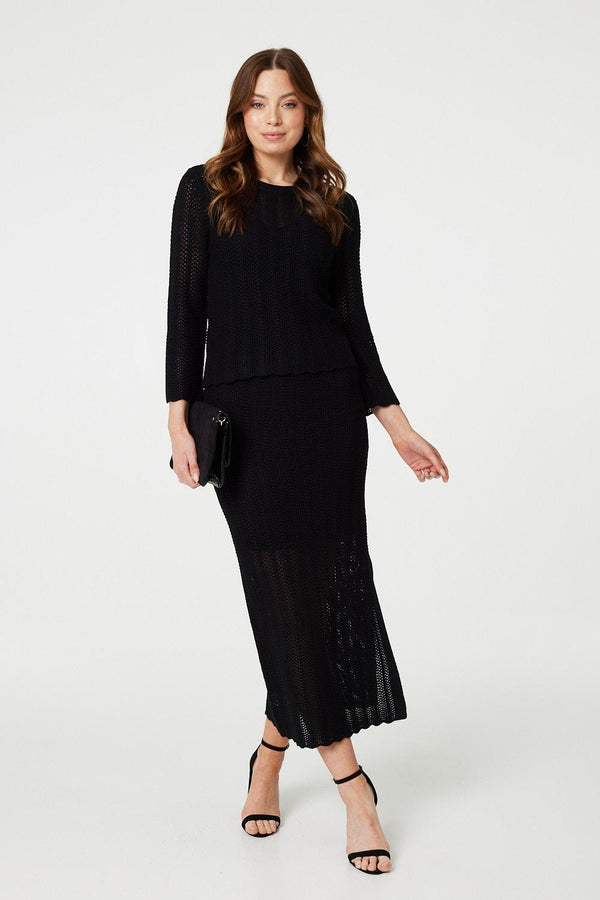 Black | 3/4 Sleeve Crochet Knit Jumper