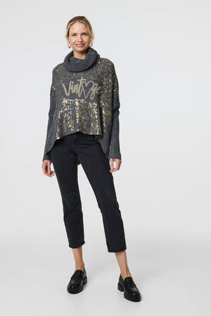Grey | Graphic Print Metallic Roll Neck Jumper
