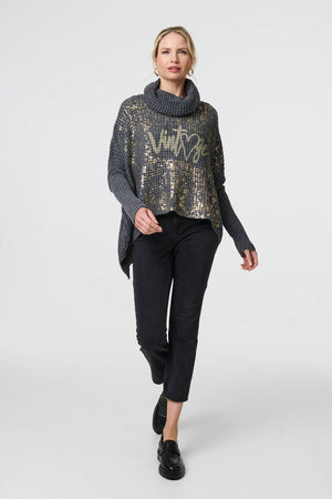 Grey | Graphic Print Metallic Roll Neck Jumper

