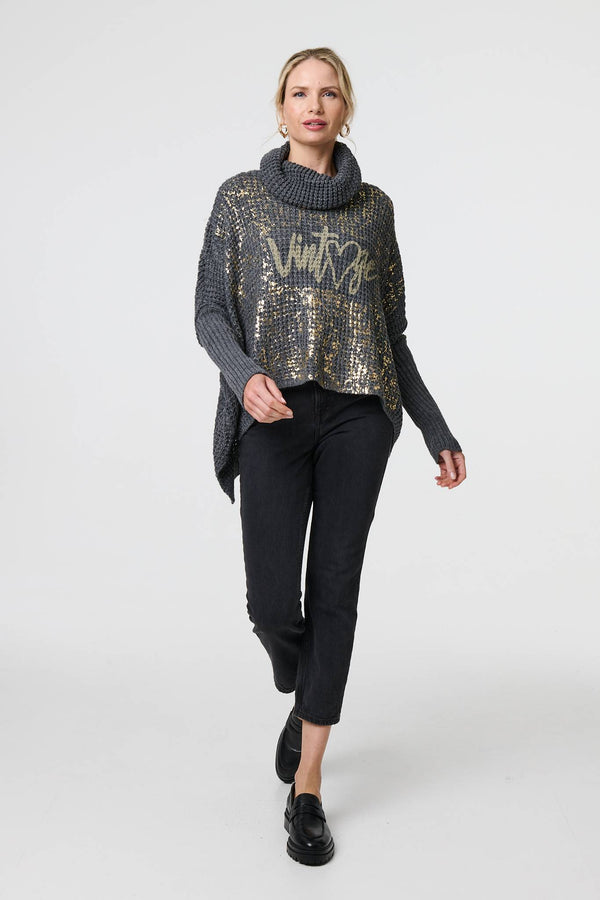 Grey | Graphic Print Metallic Roll Neck Jumper
