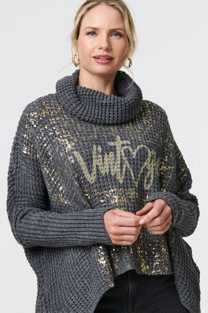 Grey | Graphic Print Metallic Roll Neck Jumper
