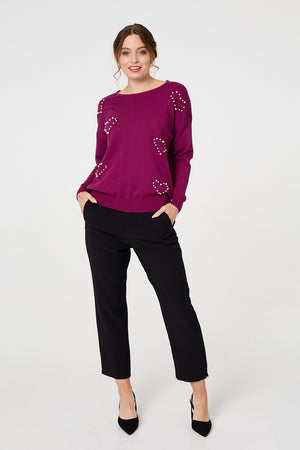 Purple | Heart Embellished Boat Neck Jumper
