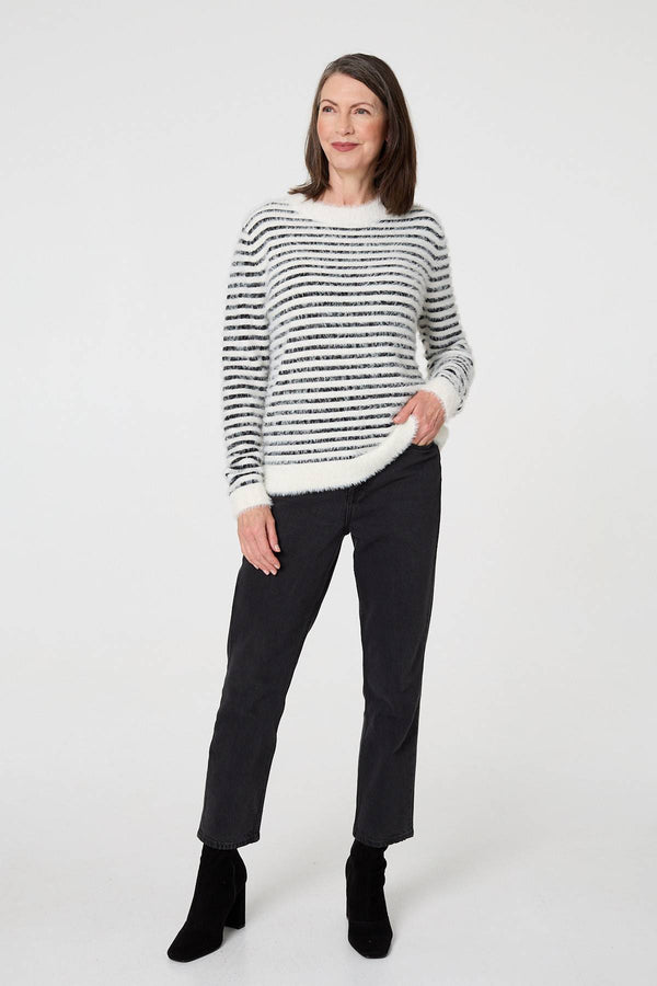 White | Textured Soft Knit Striped Jumper
