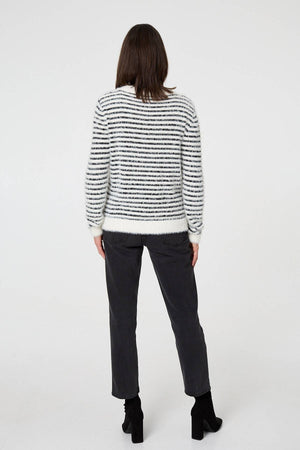 White | Textured Soft Knit Striped Jumper
