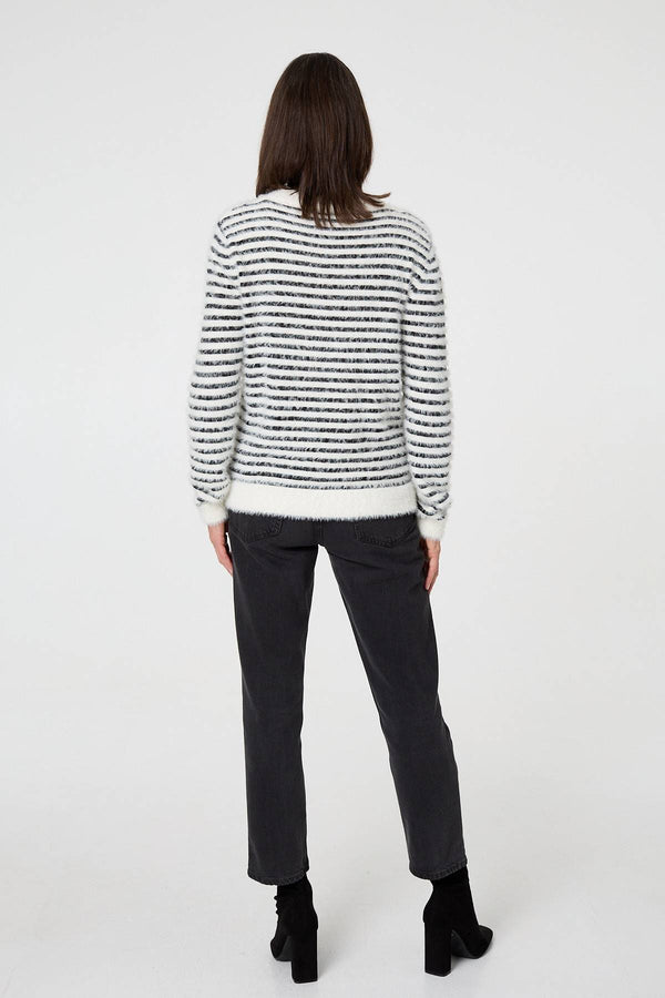 White | Textured Soft Knit Striped Jumper
