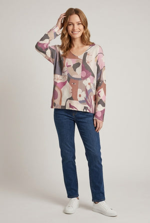 Burgundy | Abstract Print Long Sleeve Knit Top