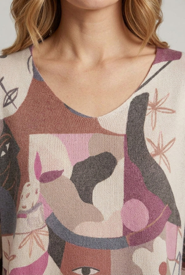 Burgundy | Abstract Print Long Sleeve Knit Top