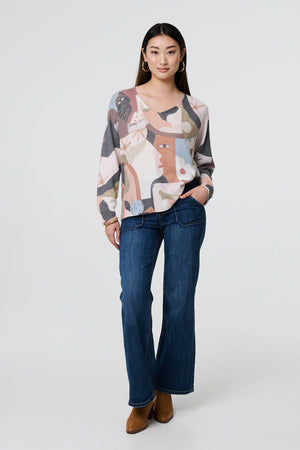 Grey | Abstract Print Long Sleeve Knit Top

