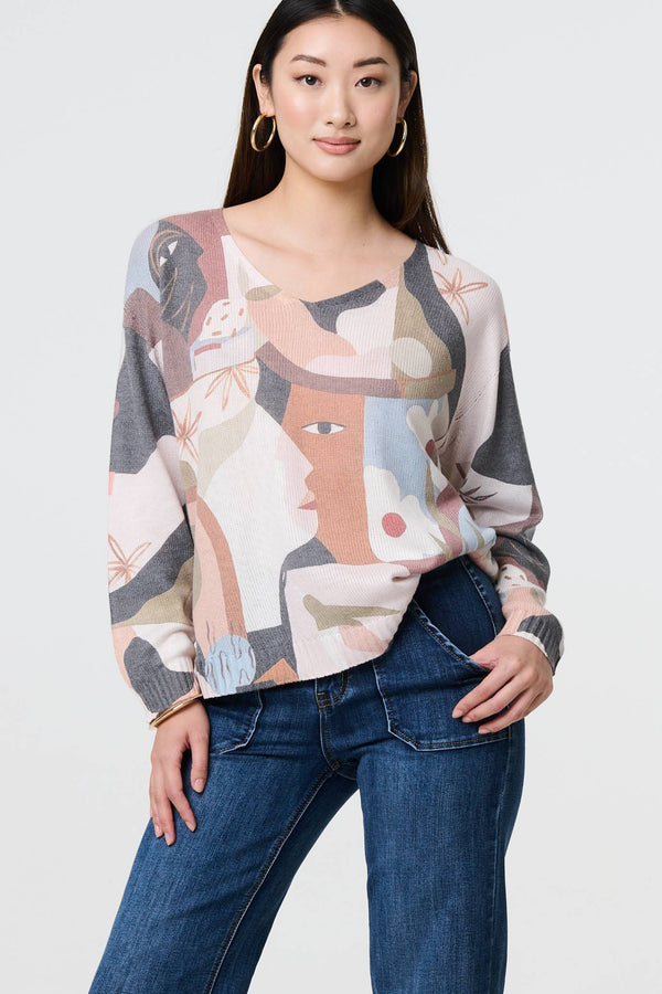 Grey | Abstract Print Long Sleeve Knit Top
