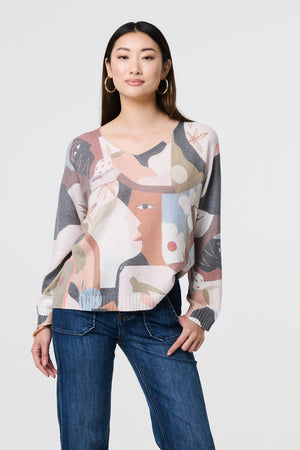 Grey | Abstract Print Long Sleeve Knit Top : Model is 5'9