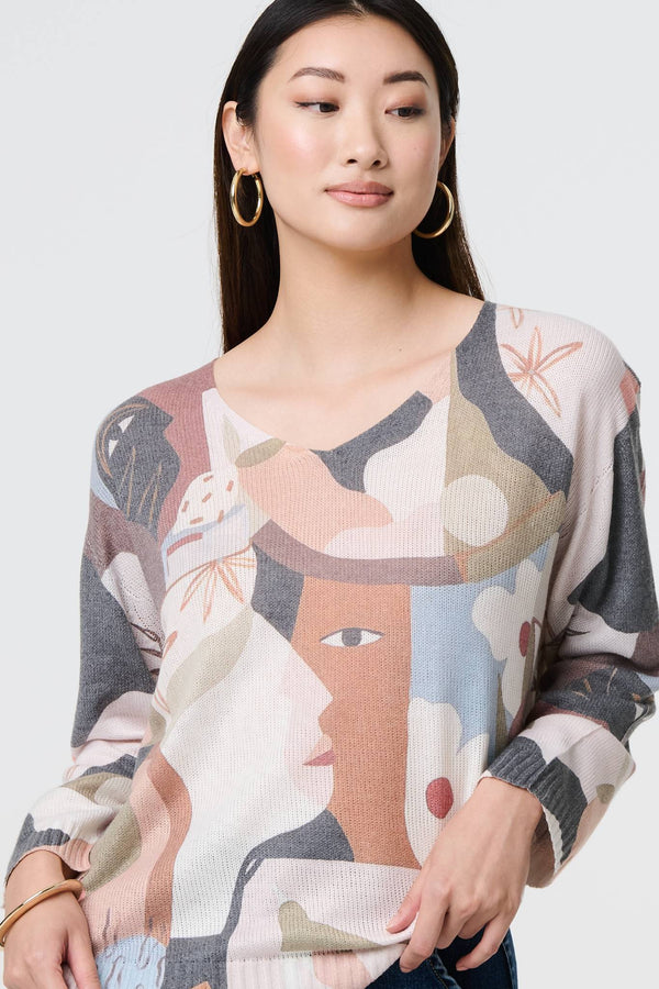 Grey | Abstract Print Long Sleeve Knit Top
