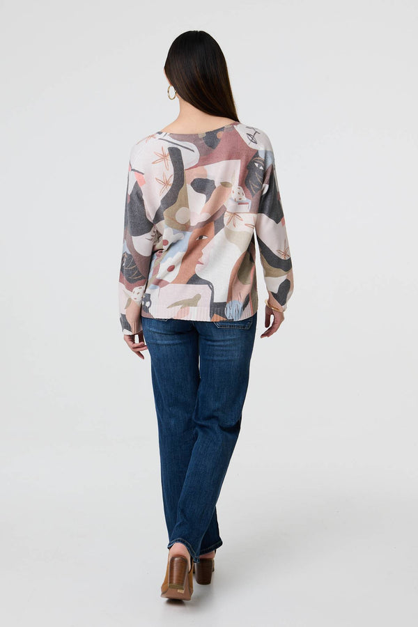 Grey | Abstract Print Long Sleeve Knit Top
