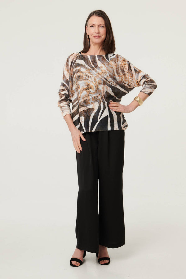 Brown | Printed Mesh Textured Long Sleeve Top