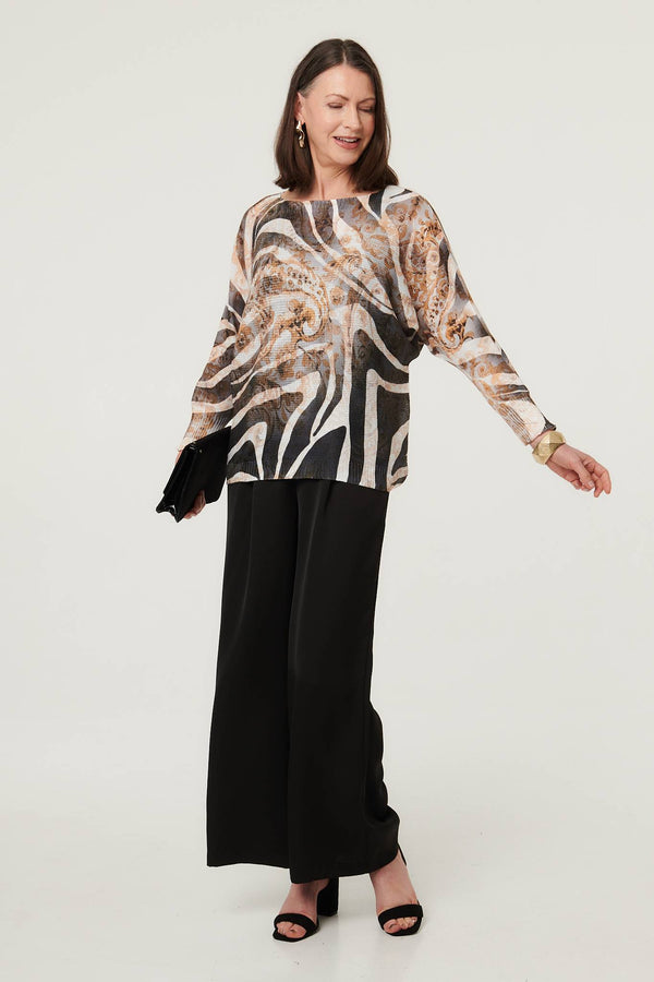 Brown | Printed Mesh Textured Long Sleeve Top
