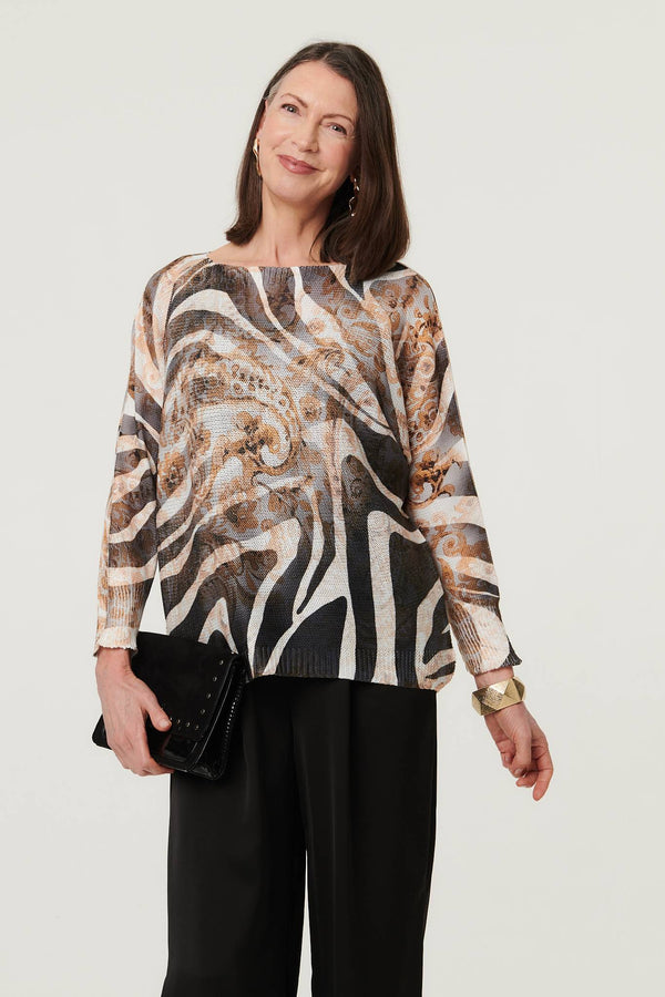 Brown | Printed Mesh Textured Long Sleeve Top