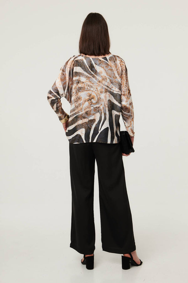 Brown | Printed Mesh Textured Long Sleeve Top
