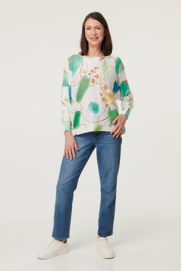 Green | Printed Textured Mesh Long Sleeve Top