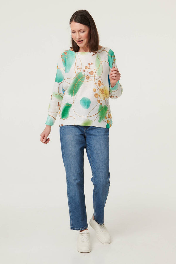 Green | Printed Textured Mesh Long Sleeve Top
