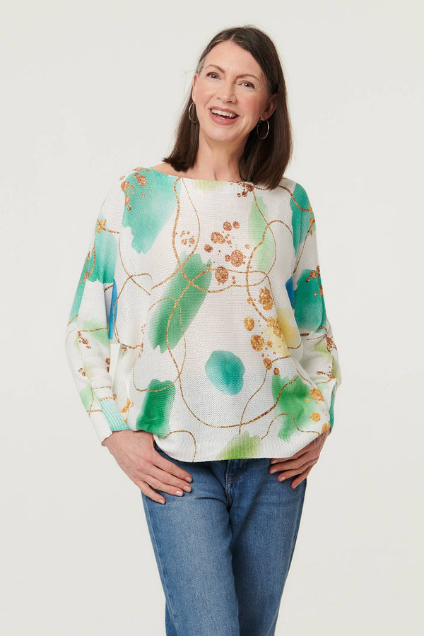 Green | Printed Textured Mesh Long Sleeve Top