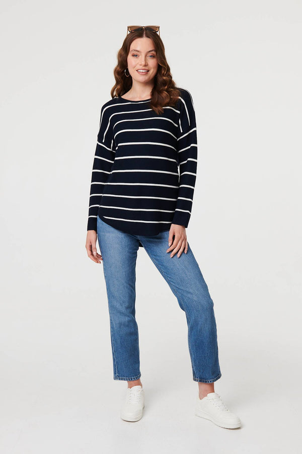 Navy | Striped Drop Shoulder Long Sleeve Top
