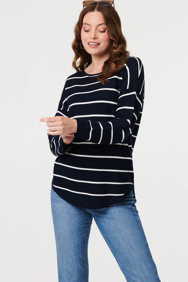 Navy | Striped Drop Shoulder Long Sleeve Top
