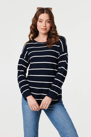 Navy | Striped Drop Shoulder Long Sleeve Top
