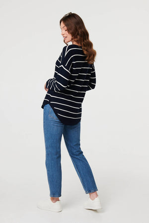 Navy | Striped Drop Shoulder Long Sleeve Top
