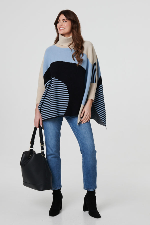 Cream | Abstract Print High Neck Curve Hem Jumper
