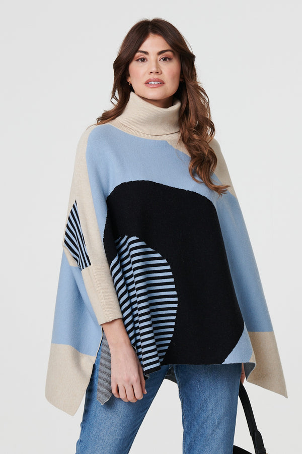 Cream | Abstract Print High Neck Curve Hem Jumper
