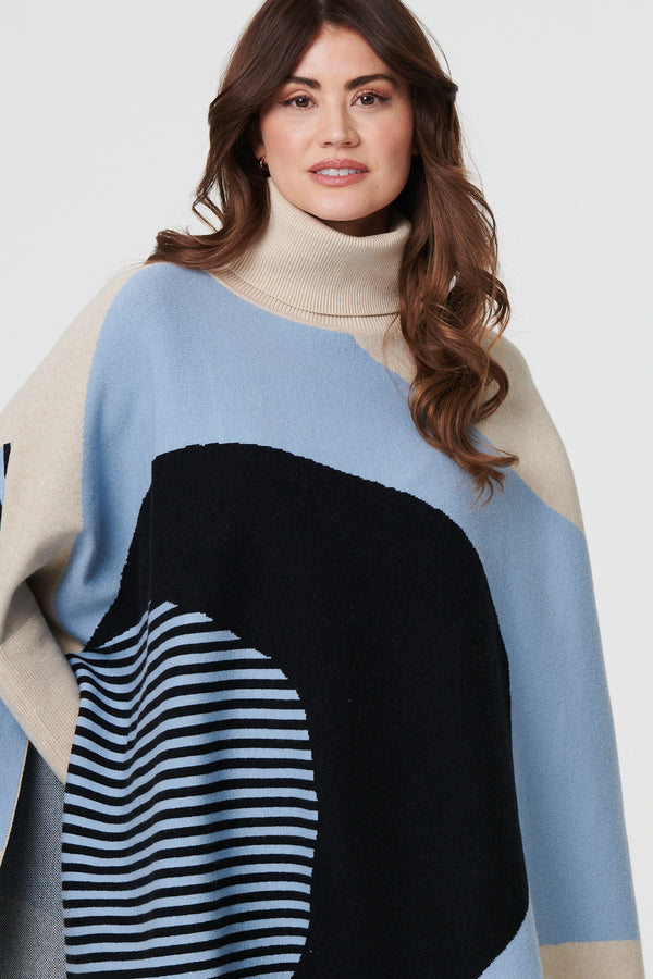 Cream | Abstract Print High Neck Curve Hem Jumper
