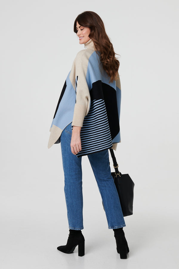 Cream | Abstract Print High Neck Curve Hem Jumper
