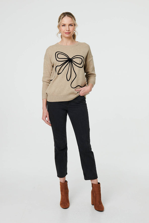 Beige | Bow Embellished Drop Shoulder Knit Jumper