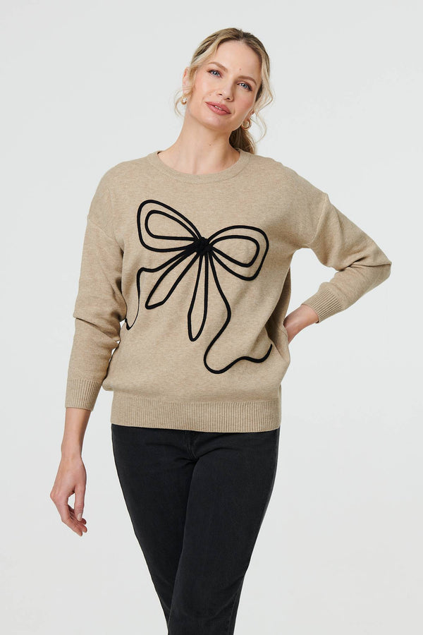 Beige | Bow Embellished Drop Shoulder Knit Jumper : Model is 5'10"/178 cm and wears UK10/EU38/US6/AUS10