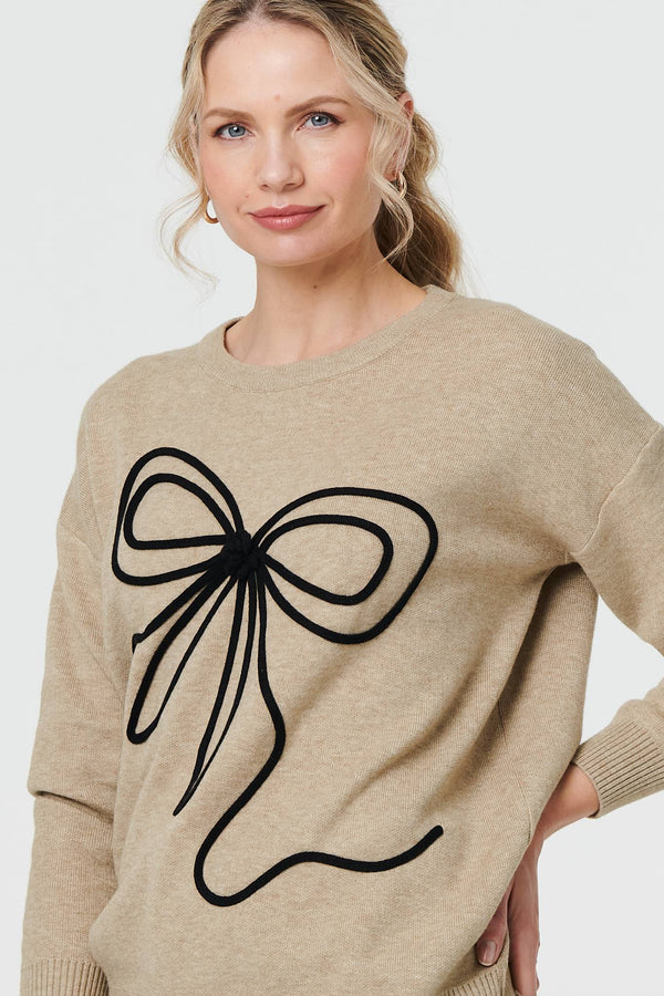 Beige | Bow Embellished Drop Shoulder Knit Jumper
