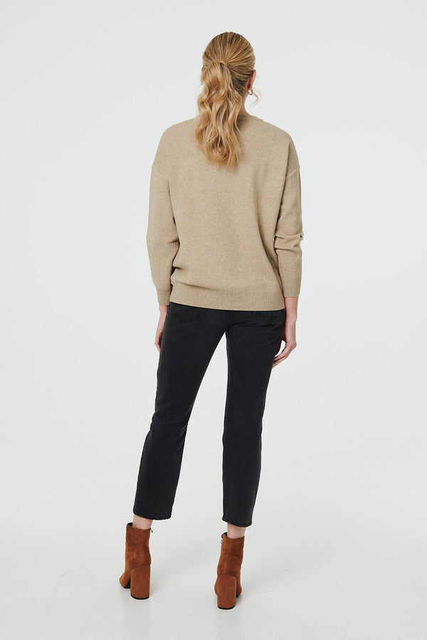 Beige | Bow Embellished Drop Shoulder Knit Jumper