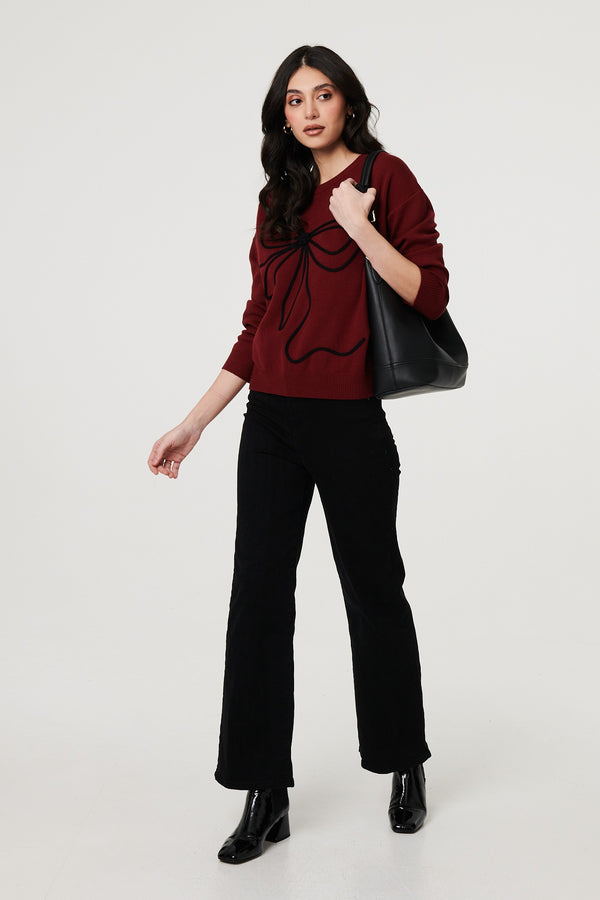 Burgundy | Bow Embellished Drop Shoulder Knit Jumper