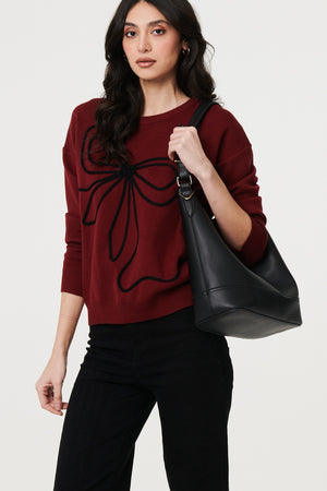 Burgundy | Bow Embellished Drop Shoulder Knit Jumper