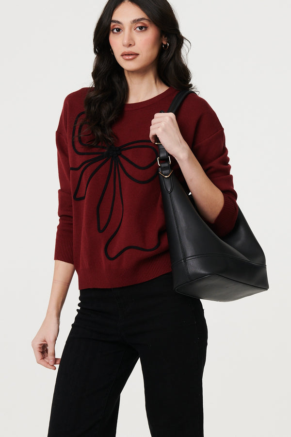 Burgundy | Bow Embellished Drop Shoulder Knit Jumper