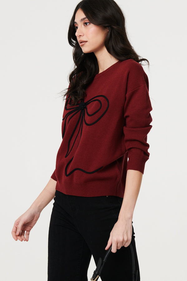 Burgundy | Bow Embellished Drop Shoulder Knit Jumper