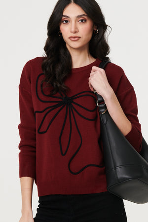 Burgundy | Bow Embellished Drop Shoulder Knit Jumper