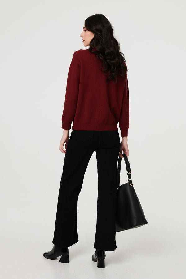 Burgundy | Bow Embellished Drop Shoulder Knit Jumper