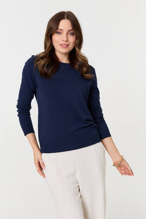 Navy | Plain Soft Knit Long Sleeve Jumper : Model is 5'9